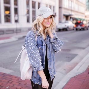NWOT OVERSIZED PEARL COVERED DENIM JACKET • perfect for bridal/ wedding events